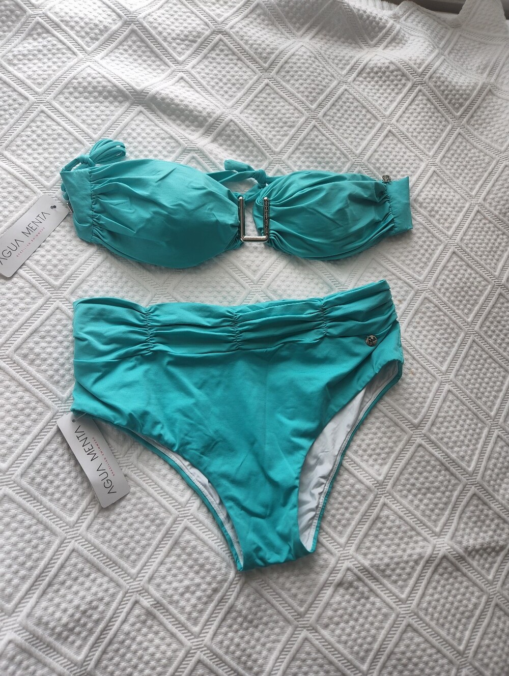 Agua Bendita Teal Bandeau Bikini Set with High-Waist Bottoms